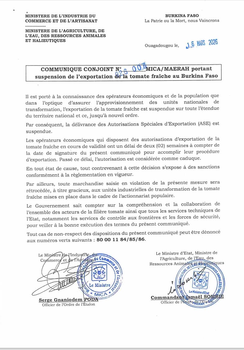 Burkina Faso : suspension des exportations de tomate fraiche pour soutenir la transformation